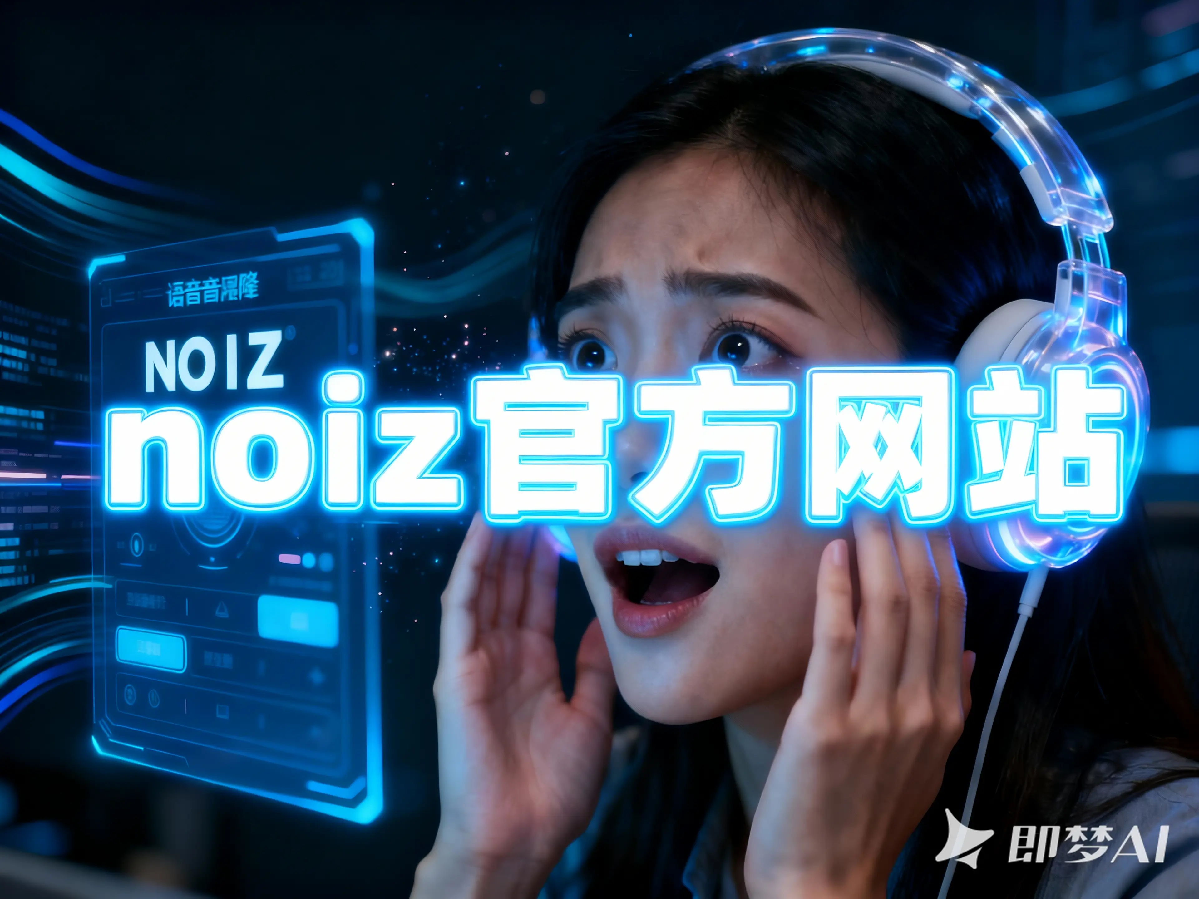 noiz用户惊喜体验AI语音克隆技术，透明耳机与全息界面展现尖端科技。